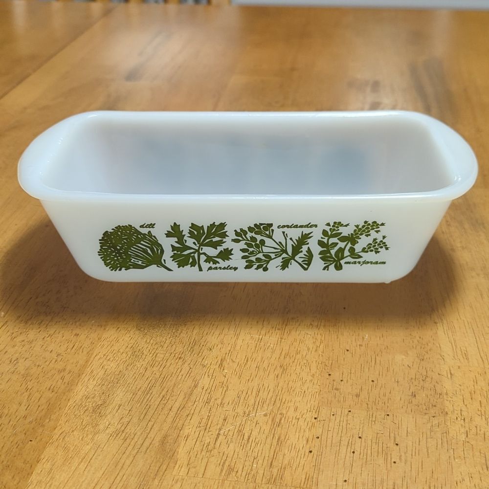 Glasbake Vintage 1960s J522 1.5 Quart Milk Glass Loaf Pan Green Herb Pattern